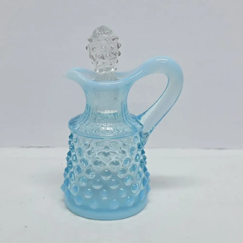Vintage Fenton Art Glass Blue Opalescent Hobnail Cruet Bottle With Stopper